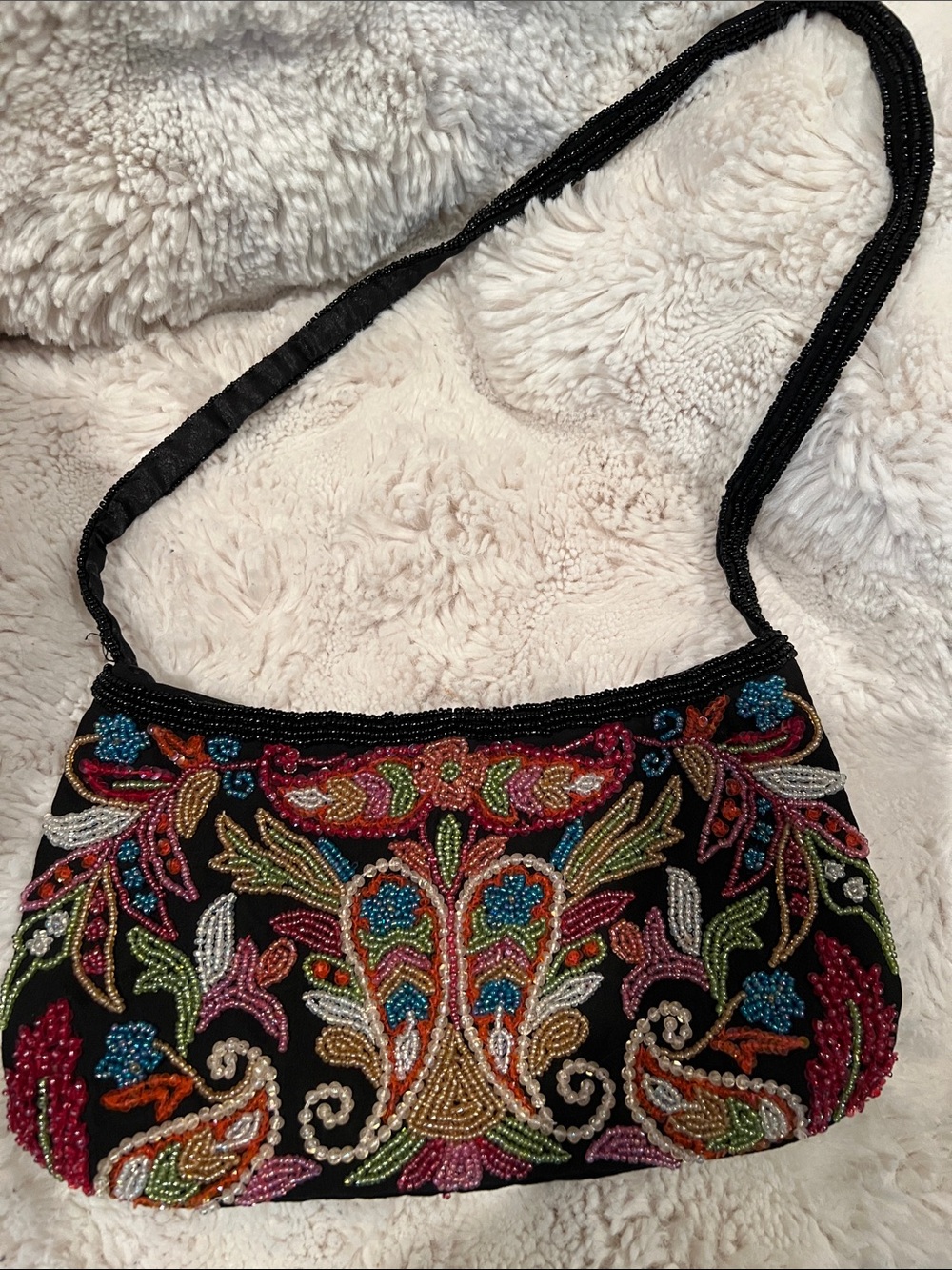 Vintage Express Beaded Black Floral Evening Shoulder Bag